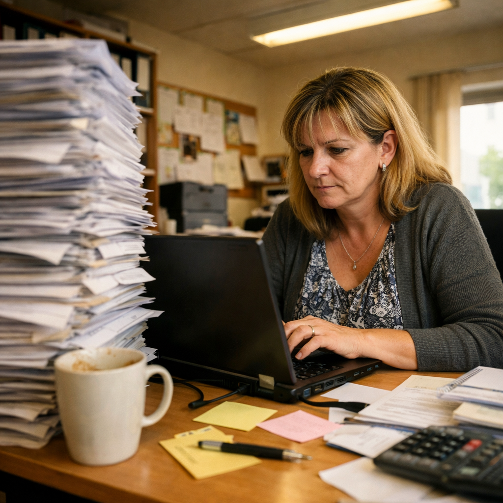 Účetní přepisující faktury z papíru do počítače