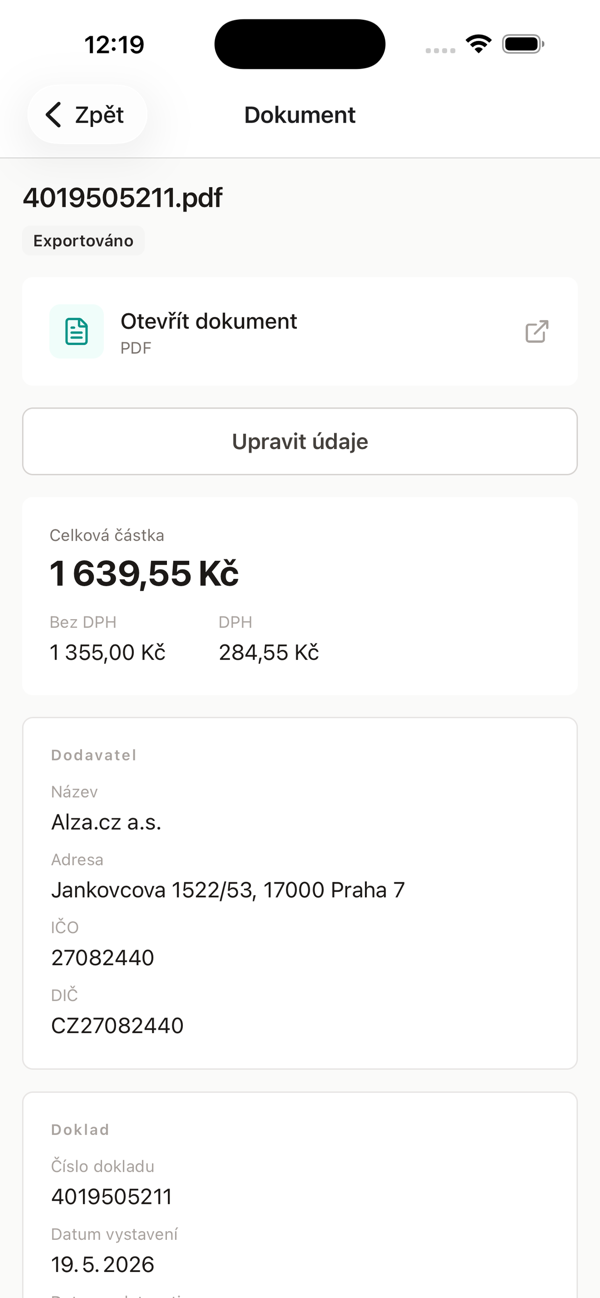 Detail vytěženého dokladu — částky, DPH, dodavatel