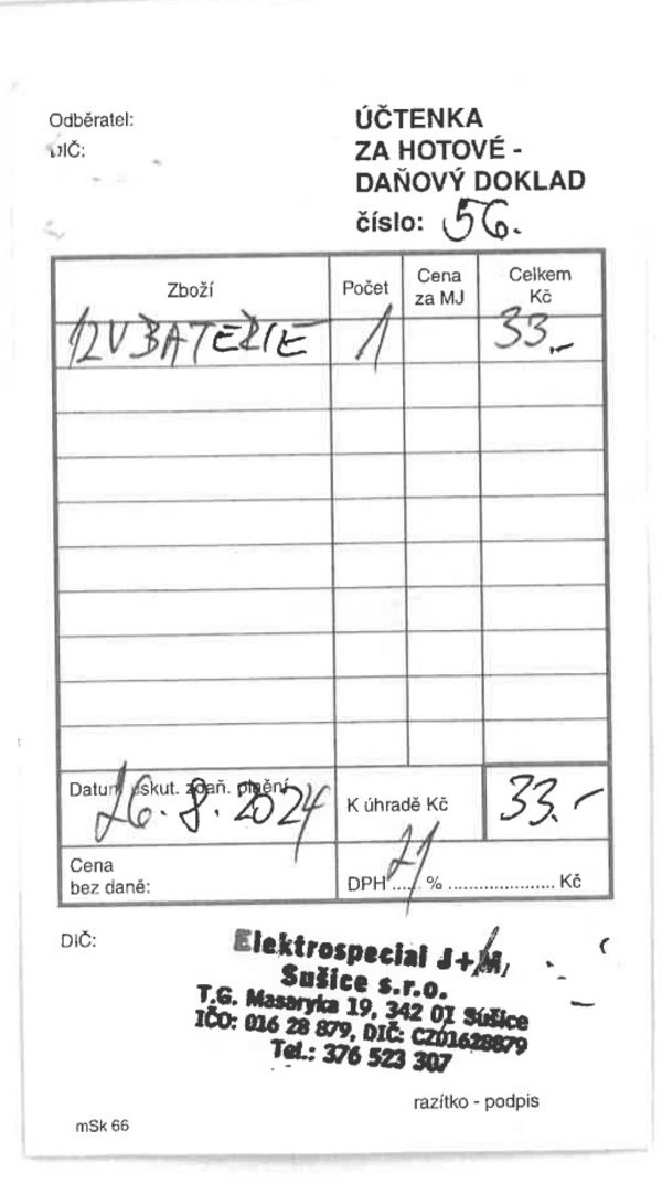 Dokument #14 — Ručně psaná účtenka