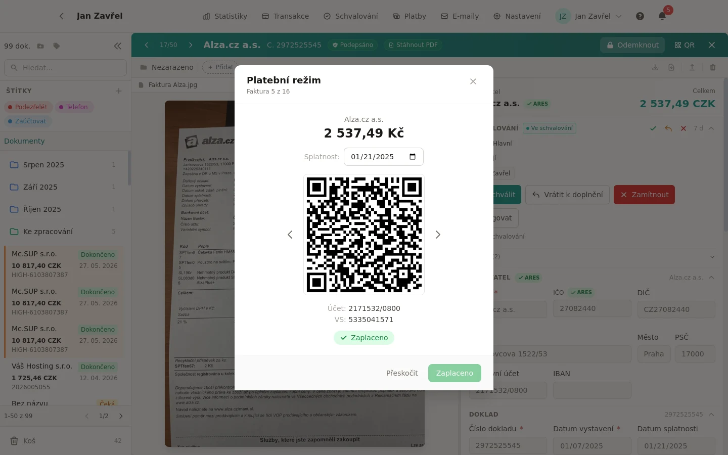QR platba u faktury a spárování transakce s dokladem